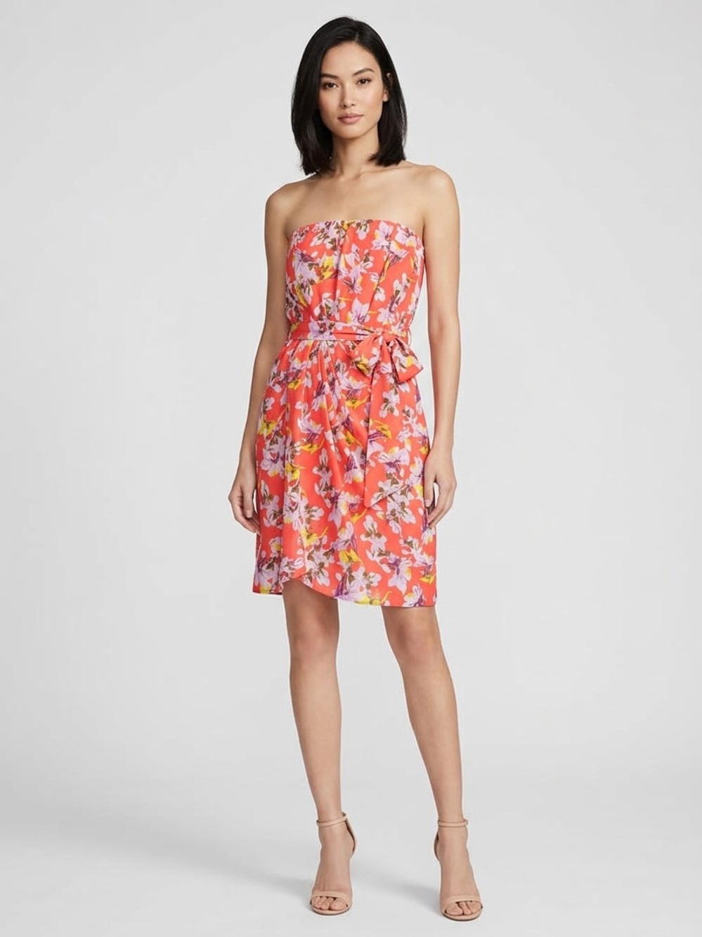 Express Strapless Floral Tie-Waist Dress in Coral